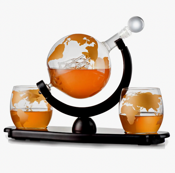 Whiskey Decanter Globe Set - 2 10 oz Gold Etched Globe Glass