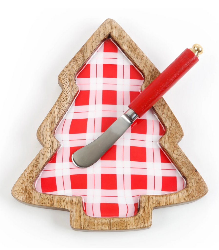 Enamel Red Plaid with Server Sleigh or Christmas Tree or Bell