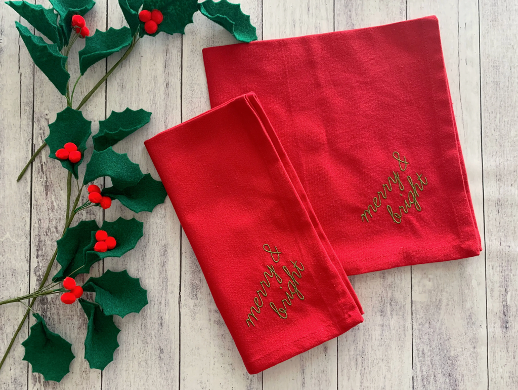 Embroidered Holiday Red Cloth Napkins, set of four