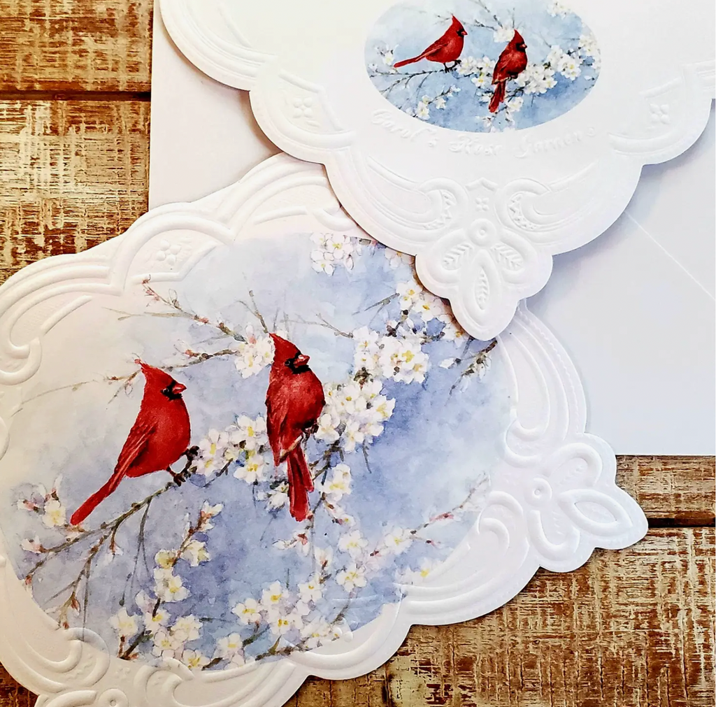 Two Red Cardinals Embossed Die-Cut Note Card Set